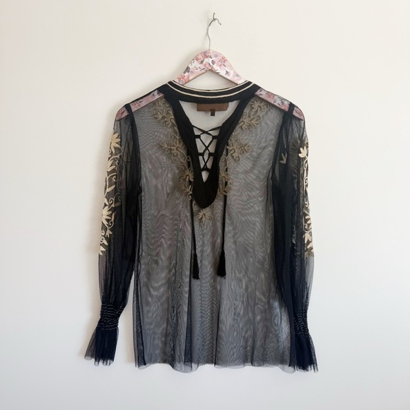 DOUBLE D RANCH Black Mesh Embroidered Lace Up Top Blouse Women’s S Small - Picture 8 of 9